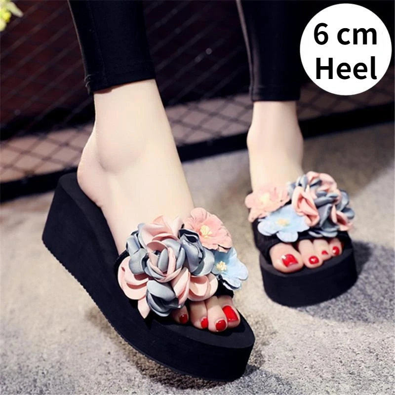 

Женские летние шлепанцы с цветами, женские шлепанцы большого размера на высоком каблуке, Женская Нескользящая модная пляжная обувь, шлепанцы «сделай сам», сандалии