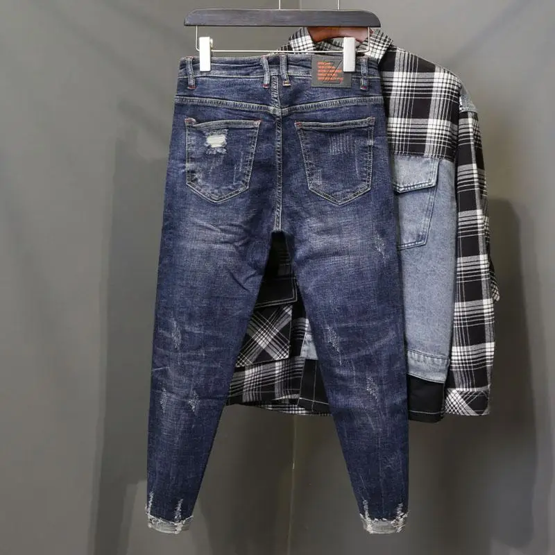 Men Jeans Ripped Jeans Ripped Patchwork Jeans New Original Spring Autumn Blue Wash Designer Distressed Ripped Knees Slim Fit Denim Jeans Whiskers Frayed Hem Men