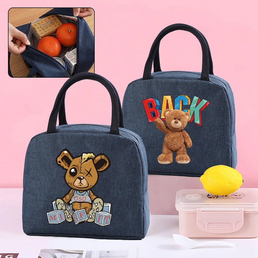

Lunch Bag Insulated Cooler Lunch Box Organizer Women Kids Food Thermal Canvas Bags Handbag Bear Print Picnic Pack Work Tote Bag