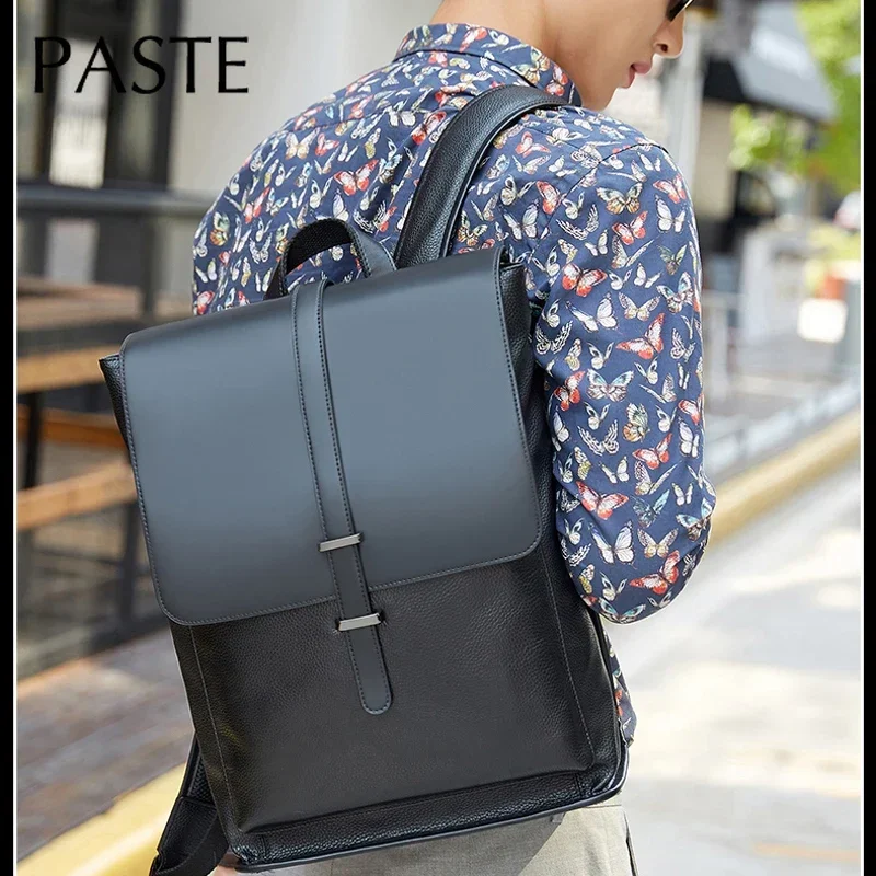 Simple Men Backpack Genuine Cow Leather Bagpack Business 15.6 Inch Laptop Computer Back Pack College Student School Bag Black 5
