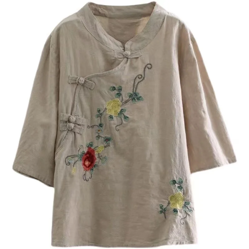 New Spring Summer Embroidery Traditional Chinese Women's Clothing Tang Hanfu Shirt Blouse Loose Leisure Top Vintage T-shirt