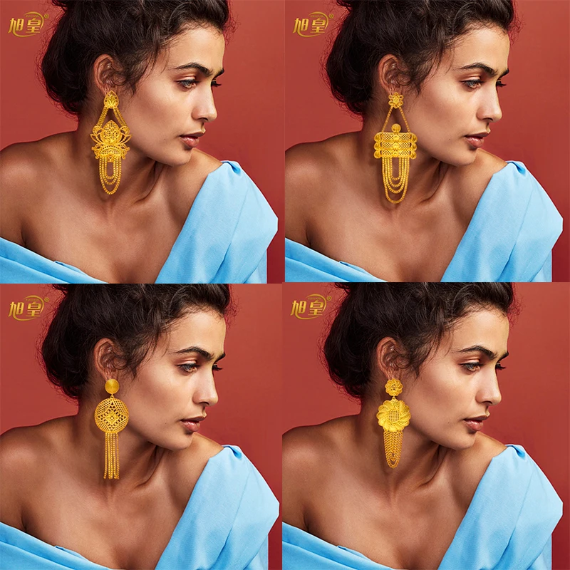 

XUHUANG Dubai Luxury Copper Gold Plated Earrings Jewellry For Women African Charm Geometric Tassel Earrings Wedding Party Gifts