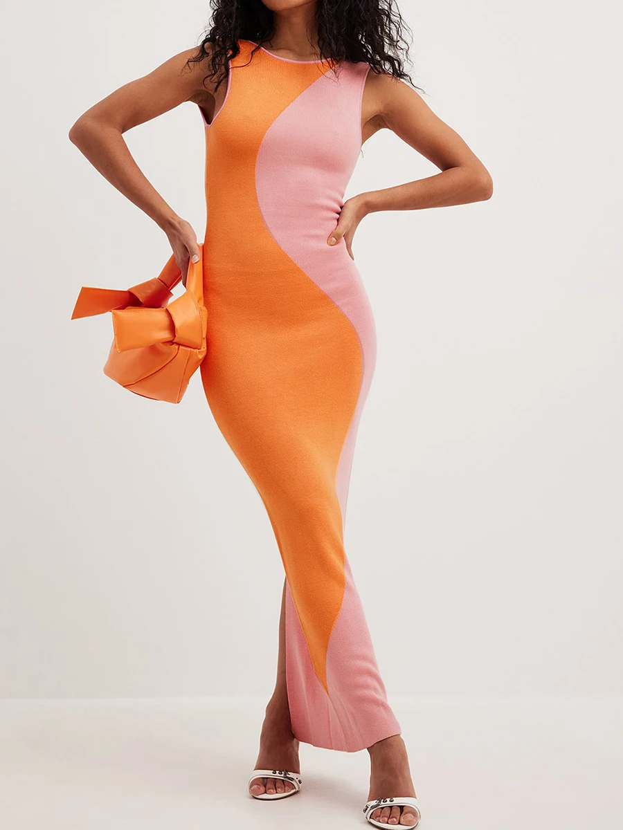 

Y2k Women Elegant Long Bodycon Dress Sexy Knitted Color Block Dresses Sleeveless Summer Club Street Wear