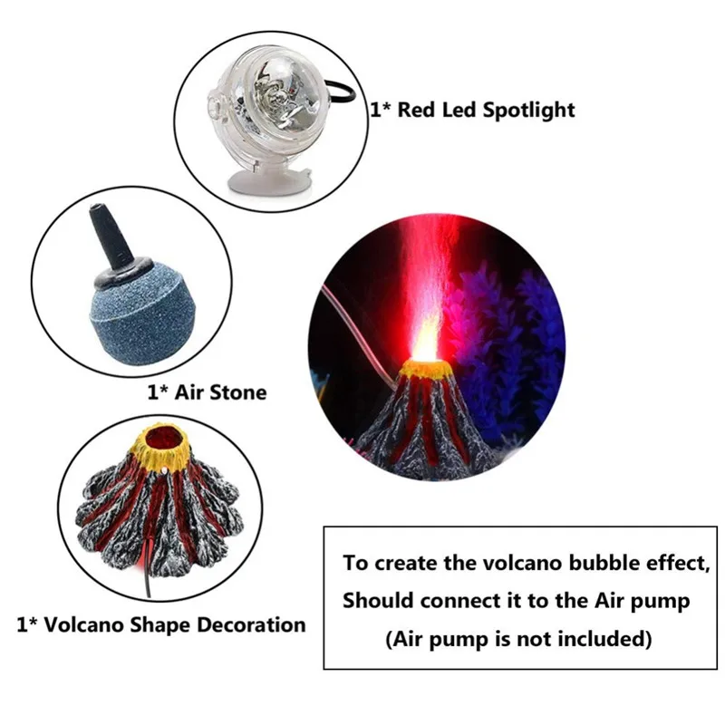 Resin Aquarium Decorations Air Stone Bubbler Volcano Shape Ornament Kit Set with Red LED Spotlight for Betta Aquarium Fish Tank fish tank ornaments,fish tank decorations,aquarium ornaments