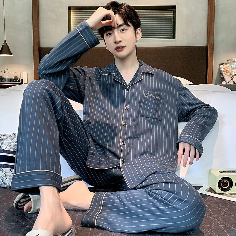 Spring Autumn Male 100% Pure Cotton Pajamas Male Long Sleeve Large Size Casual Simple Homewear Suit Loose Breathable Sleepwear spring autumn women pajamas pure cotton crepe thin soft summer long sleeve ladies sleepwear set cactus loose breathable homewear
