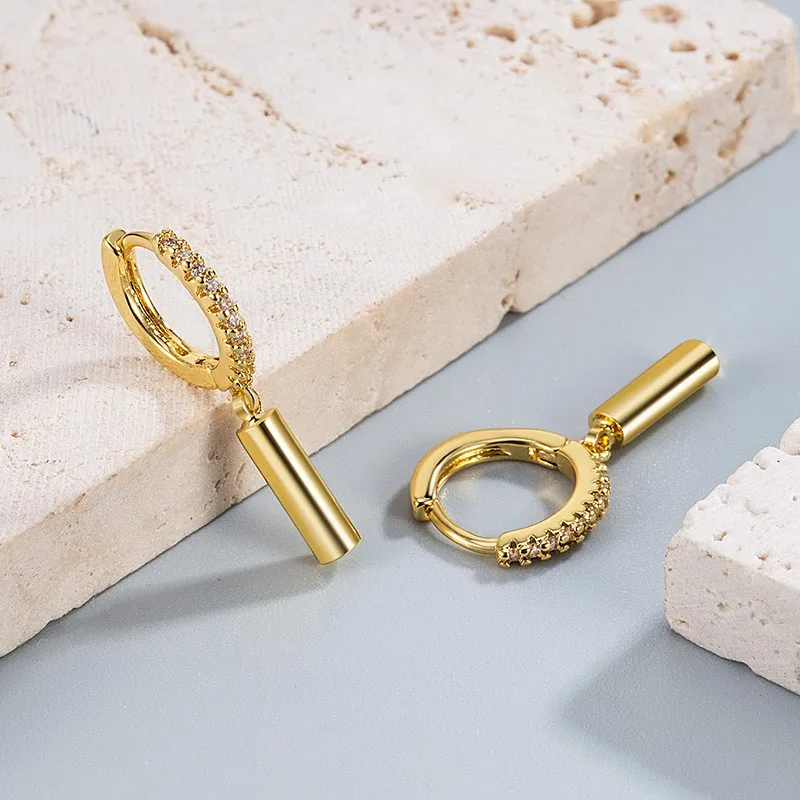 Silver Color Zircon Cylinder Pendant Hoop Earrings for Women Vintage Unique Niche Design Dangle Earring Jewelry Gifts