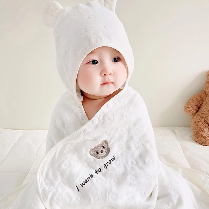 Cotton Poncho Bathrobe with Hood Design, 6-layer Newborn Baby Receiving Blanket Bath Towel for Indoor Outdoor Activities