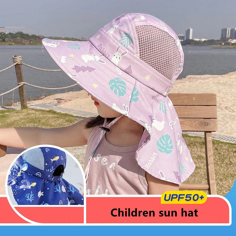 Cappello per bambini, cappello di protezione solare in rete a tesa larga UPF 50+ per ragazzi e ragazze, cappelli da spiaggia dal design arrotolabile con mento regolabile_voghion.com