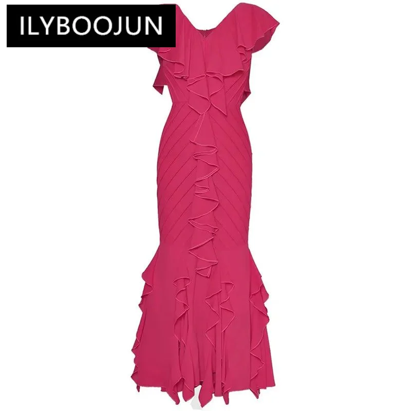 

ILYBOOJUN Fashion Women's New V-Neck Flounced Edge Short-Sleeved Slim-Fit Hip Wrap Fishtail Long Gown Dress Elegant Maxi Dress