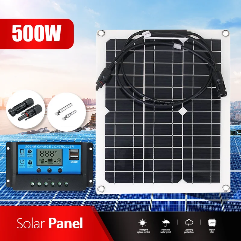 500W Flexible Solar Panel 12V Battery Charger Dual USB With 10A-60A Controller Solar Cells Power Bank for Outdoor Camping Trip