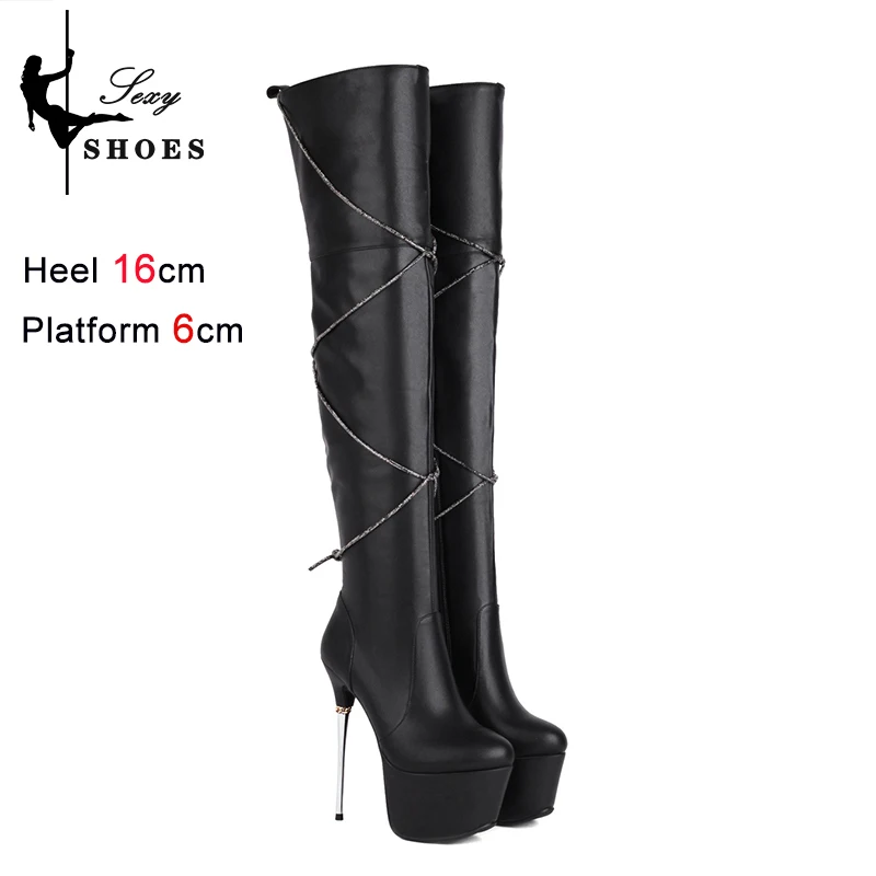 Women Platform Over The Knee Boots Black Autumn Winter Lady Shoes Rhinestone Stiletto Heels Plus Size Stripper Long Boots Femme
