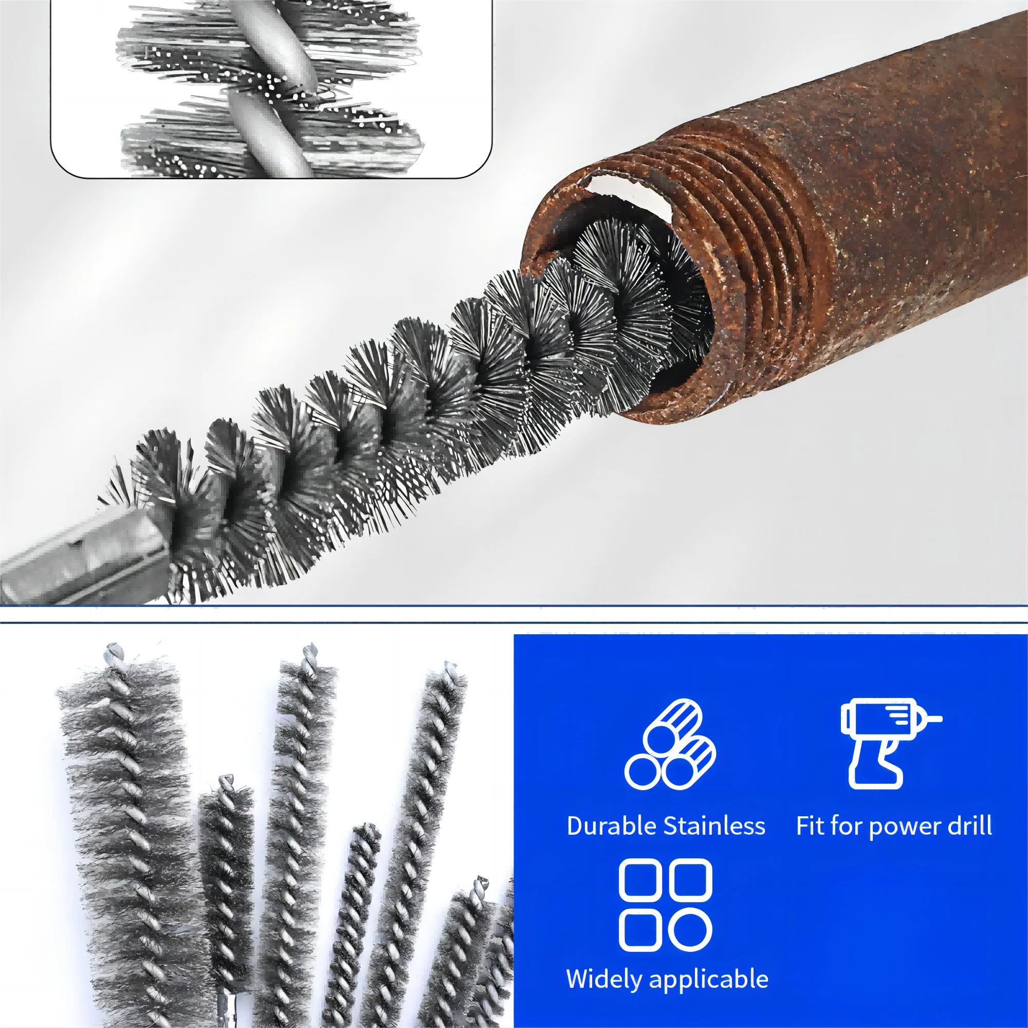 200 mm lange Edelstahl-Drahtbürste zur Rohrreinigung, Rostentfernung, Schweißschmelzschlacken-Entfernung, Entgratung, für Bohrmaschinen und Handwerkzeuge – Detail 5
