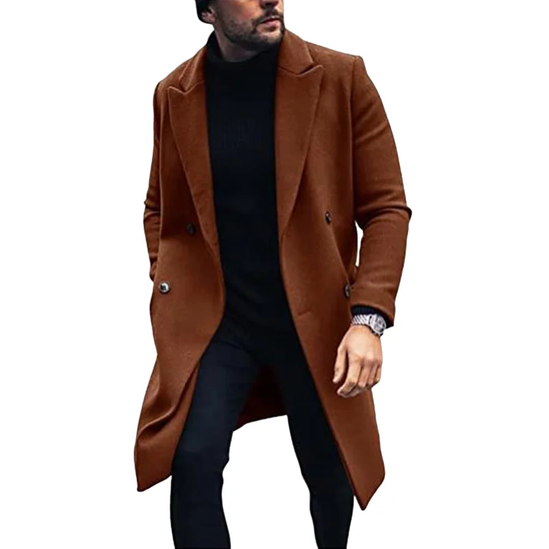 Long Double Breasted Mens Jacket Solid Color Men's Clothing Coat Long Sleeve  Male Clothes Windbreaker Overcoat For Winter
