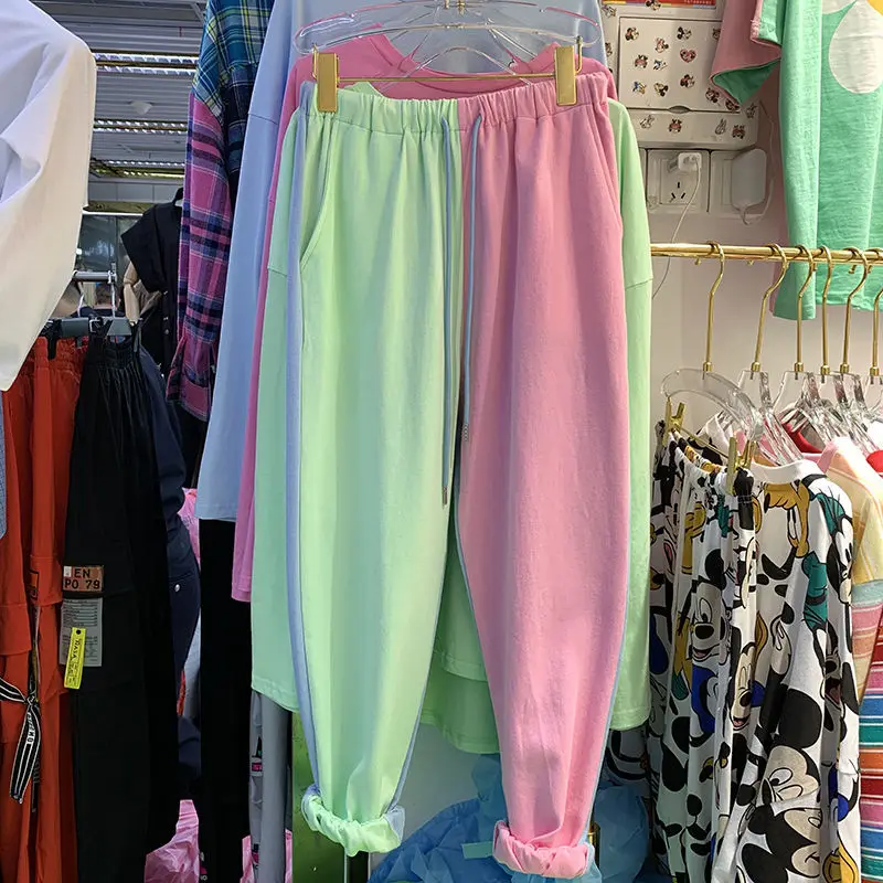 

large size Summer New Women Pants Full Length Panelled Spliced Casual Elastic Waist Patchwork Girls Pants Sport Joggers