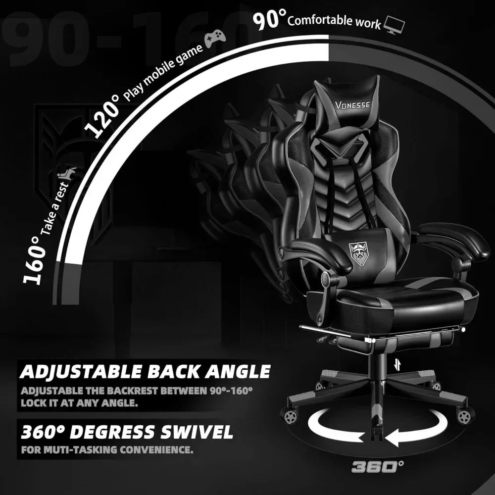 "ergonomic reclining gaming chair with high back, footrest, and massage for adults"