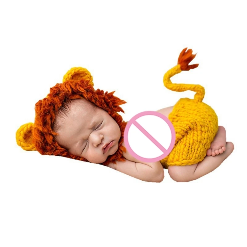 

Cartoon Animal Knitted Trousers Props with Adjustable Chin Strap Bonnet Hat Baby Costume Set for Newborns Photoshoots