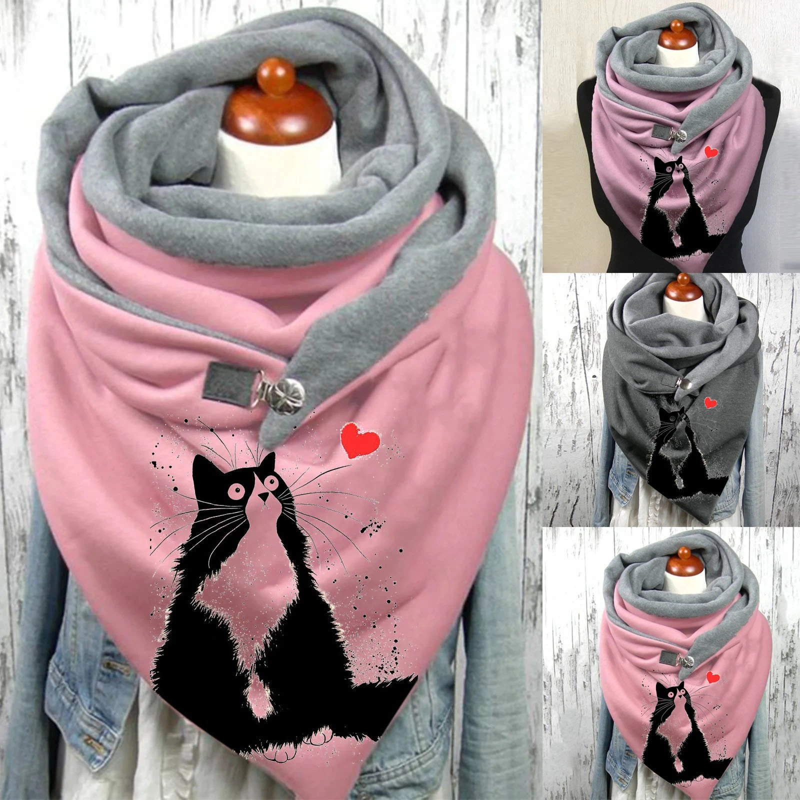 Bufanda suave con estampado de gato para chales cálidos informales con botones, bufanda de cuello Echarpe, invierno, 2022| | -