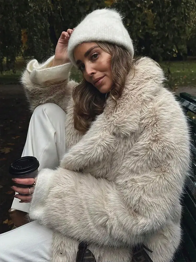 HH Autumn Winter Faux Fur Coat For Women Elegant Solid Button Long Sleeve Jacket Female Fashion Streetwear Warm Outerwear