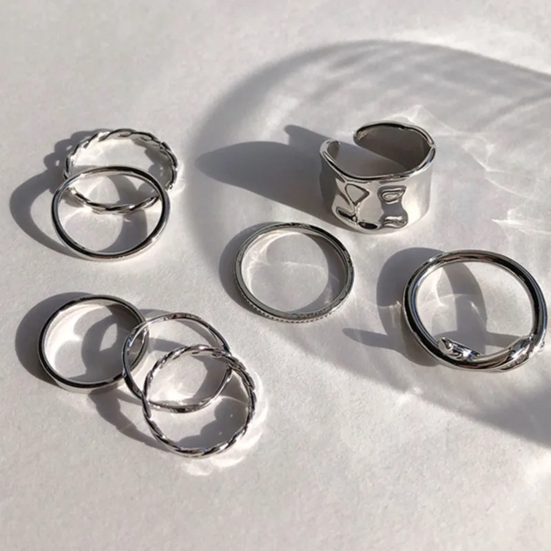 Silver Color Geometric Trendy Hollow Open Rings for Women Couple Simple Fashion Handmade Wedding Jewelry Accessories