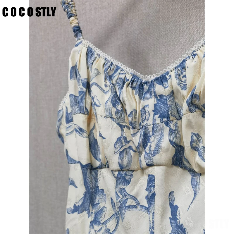 

COCOSTLY Vintage Printed Women Sling Midi Dress Lace Trim Square Collar Summer New Sweet Ladies Sleeveless Long Robe Vestidos