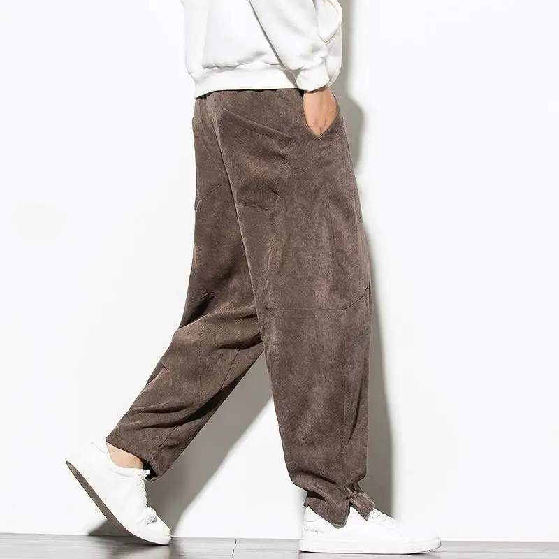 Wide Leg Pants Spring Autumn Solid Color Vintage Corduroy Wide Leg Trousers Man Elastic Waist Pockets Casual All-match Pants Male Clothing