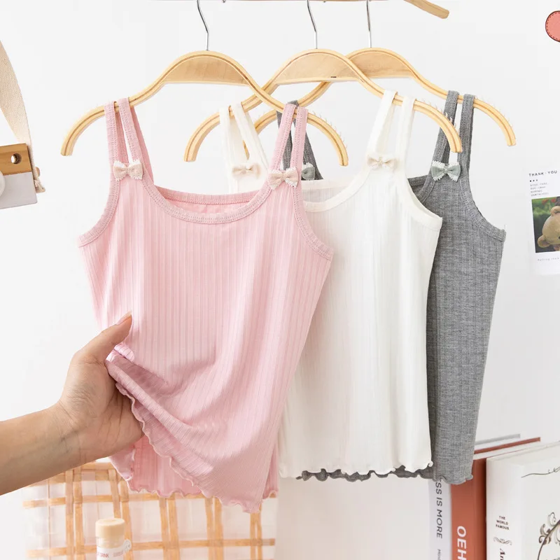 

new delivery 2024 summer vest modal children clothes kids top bow solid baby 110-160 3-10old underwear 1pc wholesales