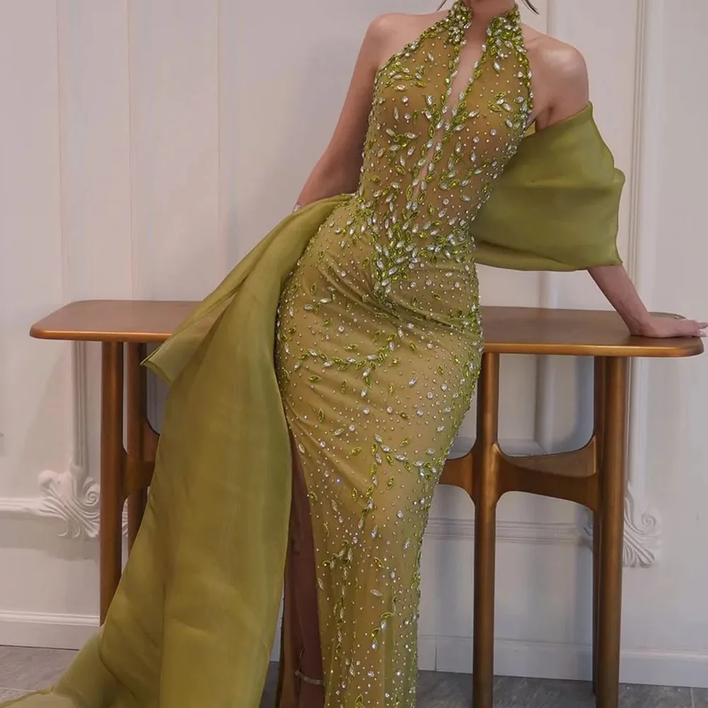Evening Dresses High-Neck Prom Gown Fashion Crystal Draped Backless Party  Gown | eBay