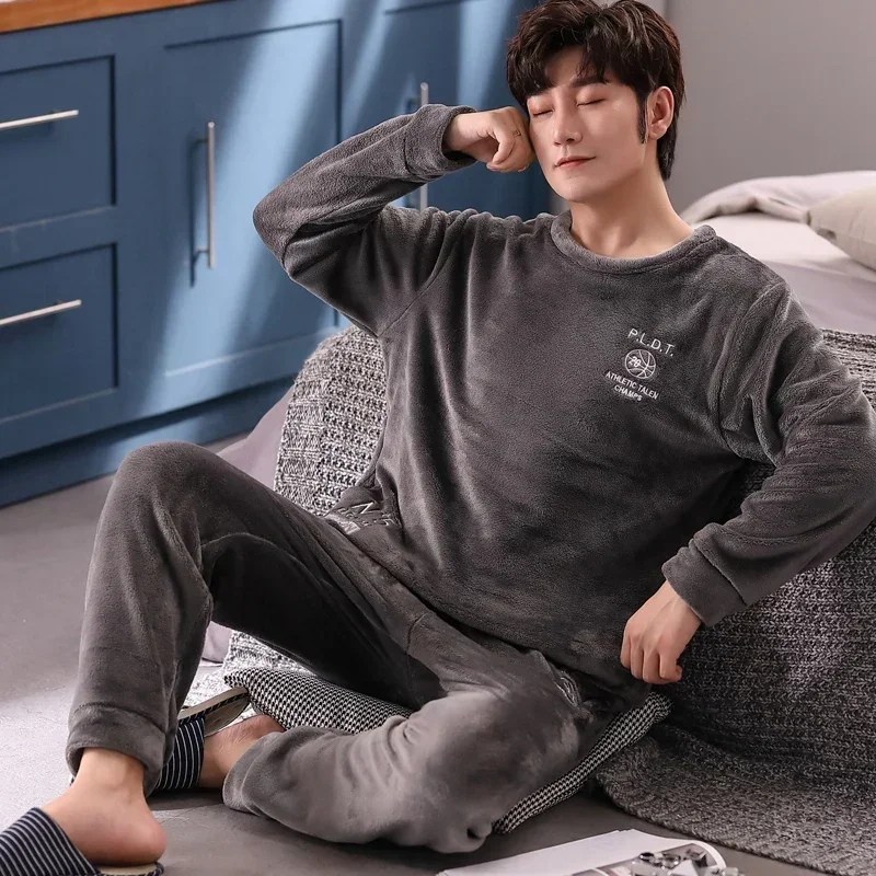 

2023 Winter Long Sleeve Thick Warm Flannel Pajama Sets for Men Korean Loose Coral Velvet Sleepwear Pyjama Homewear Home Clothes