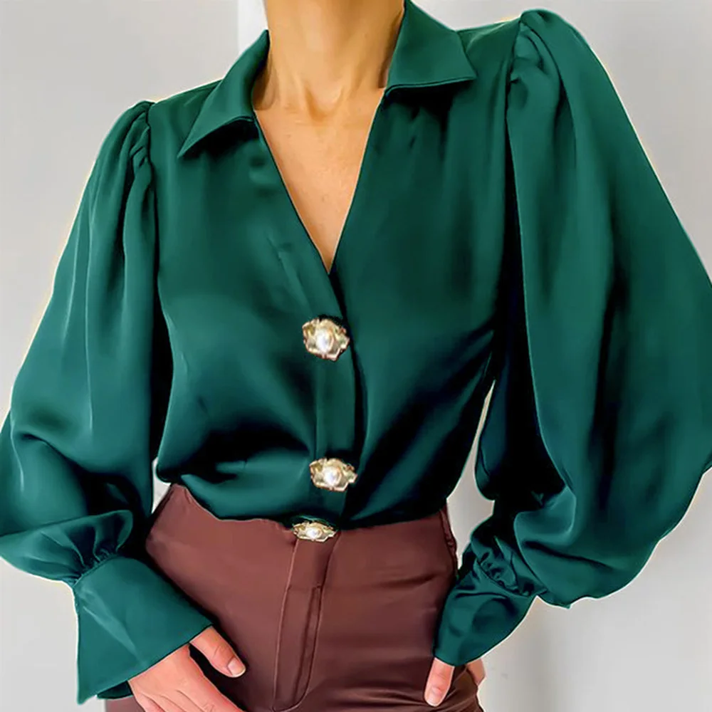 

2023 Autumn Women Clothing French Sexy V-Neck Fashion Niche Design Lantern Sleeve Top Casual Loose Satin Long-Sleeved Blouse