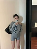 Korejpaa Elegant Sweater Short Sets Women Autumn Winter Slanted Shoulder Knitted Sweaters High Waist Shorts Two Piece Set 2