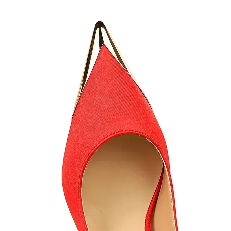 Women 7cm High Heels Basic Slingback Nightclub Dance Pumps Patchwork Stripper Low Heels Lady Metal Cap Toe Satin Wine Red Shoes 5