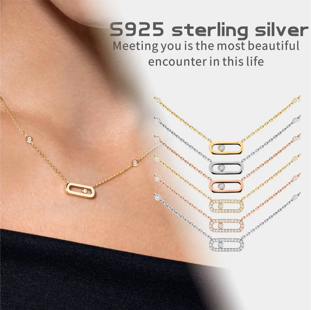 925 Women's Sliding Pendant Rose Gold Necklace