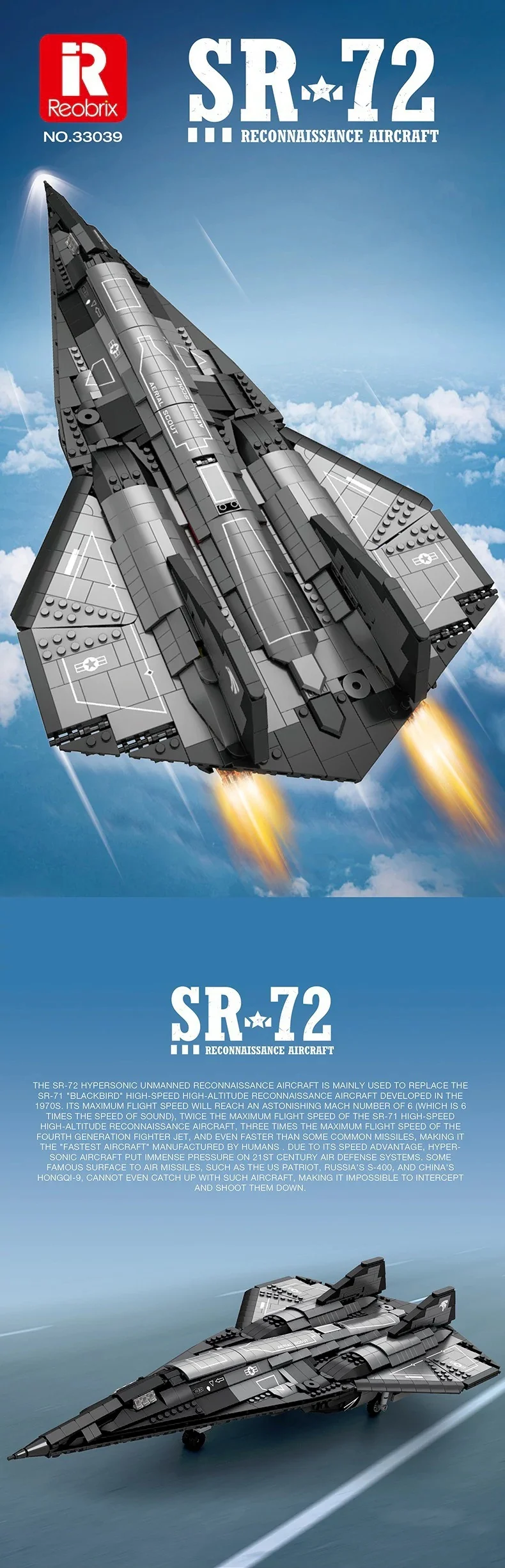 Klemmbausteine Militärisches SR-72 Aufklärungsflugzeug Bausteine 33039 Kampfflugzeug-Modellbausatz Jungen Spielzeug Erwachsene Kinder Geschenk 2071 Teile – Detail 1