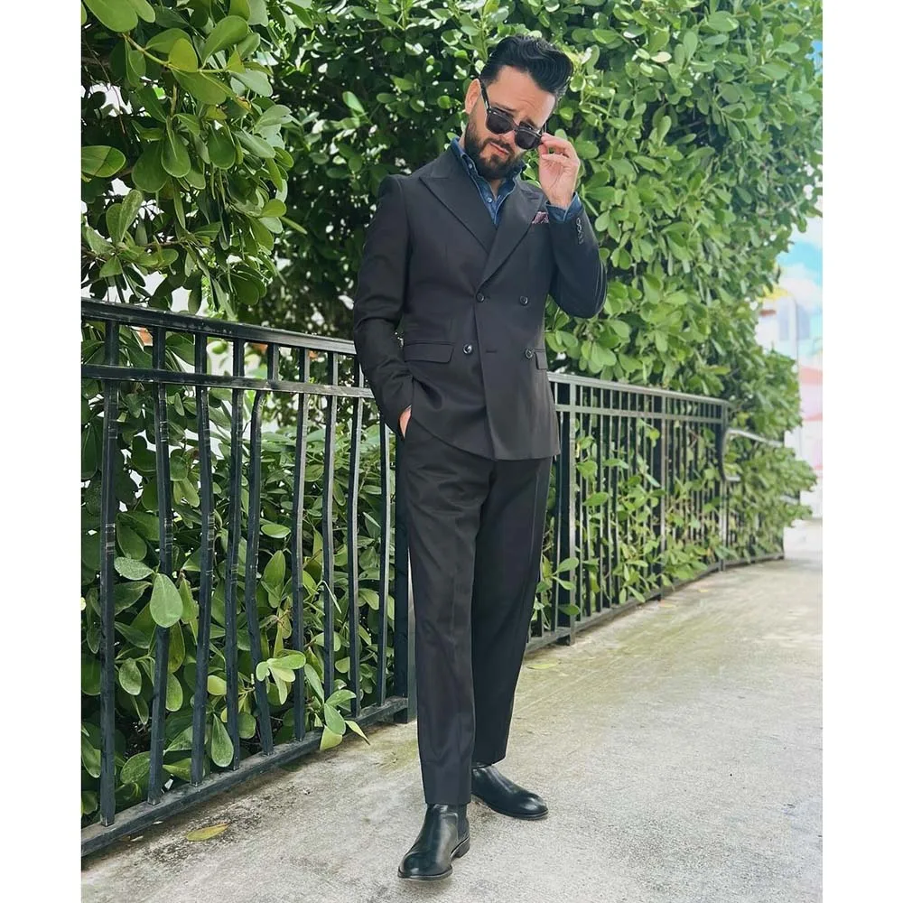 

Formal Black Elegant Men Suits Double Breasted Peak Lapel Regular Length Flat Outfits Chic Tailor Slim Fit 2 Piece Jacket Pants