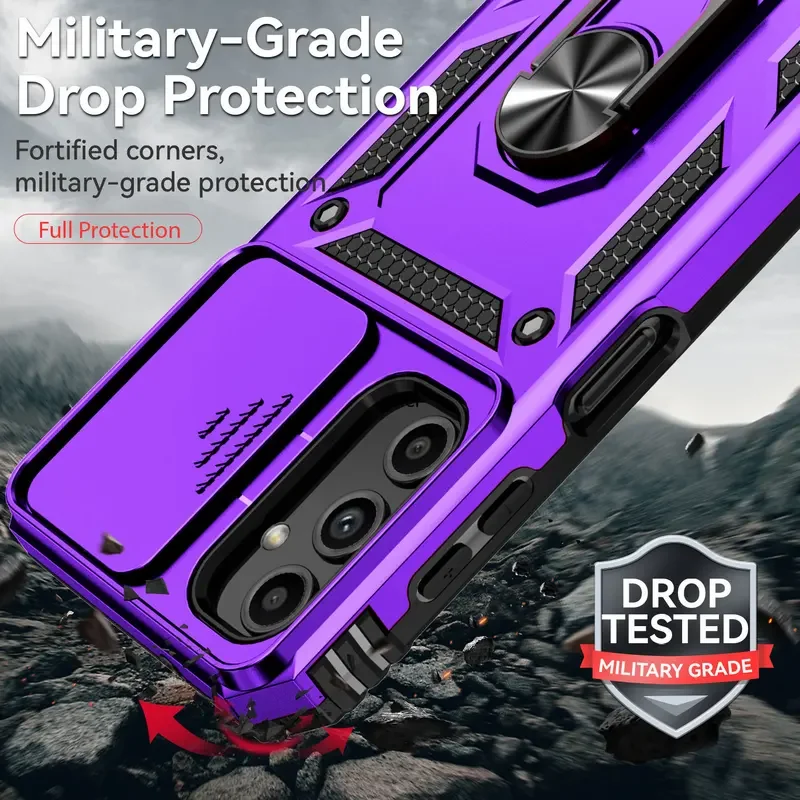 Shockproof Hybrid Dual Layer Magnetic Ring Stand Case with Slide Camera Protection Cover