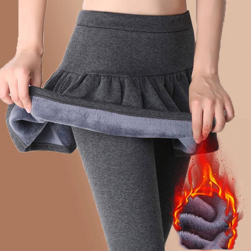 

Women Pleated Skirts Leggings Thickened Plush Winter Warm Pants Thermal Tight Trousers Leggins Pantalones Streetwear 4XL
