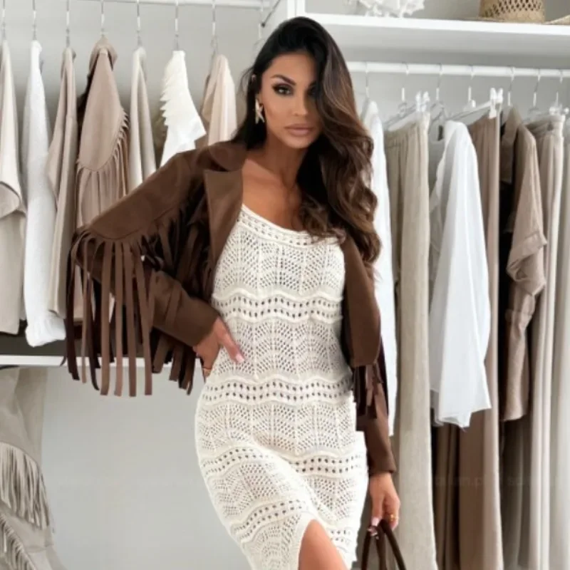 New Fashion Street Style Women's Lapel Long-sleeved Jacket Solid Color Cool Elegant Fringed Cardigan Short Coat Top