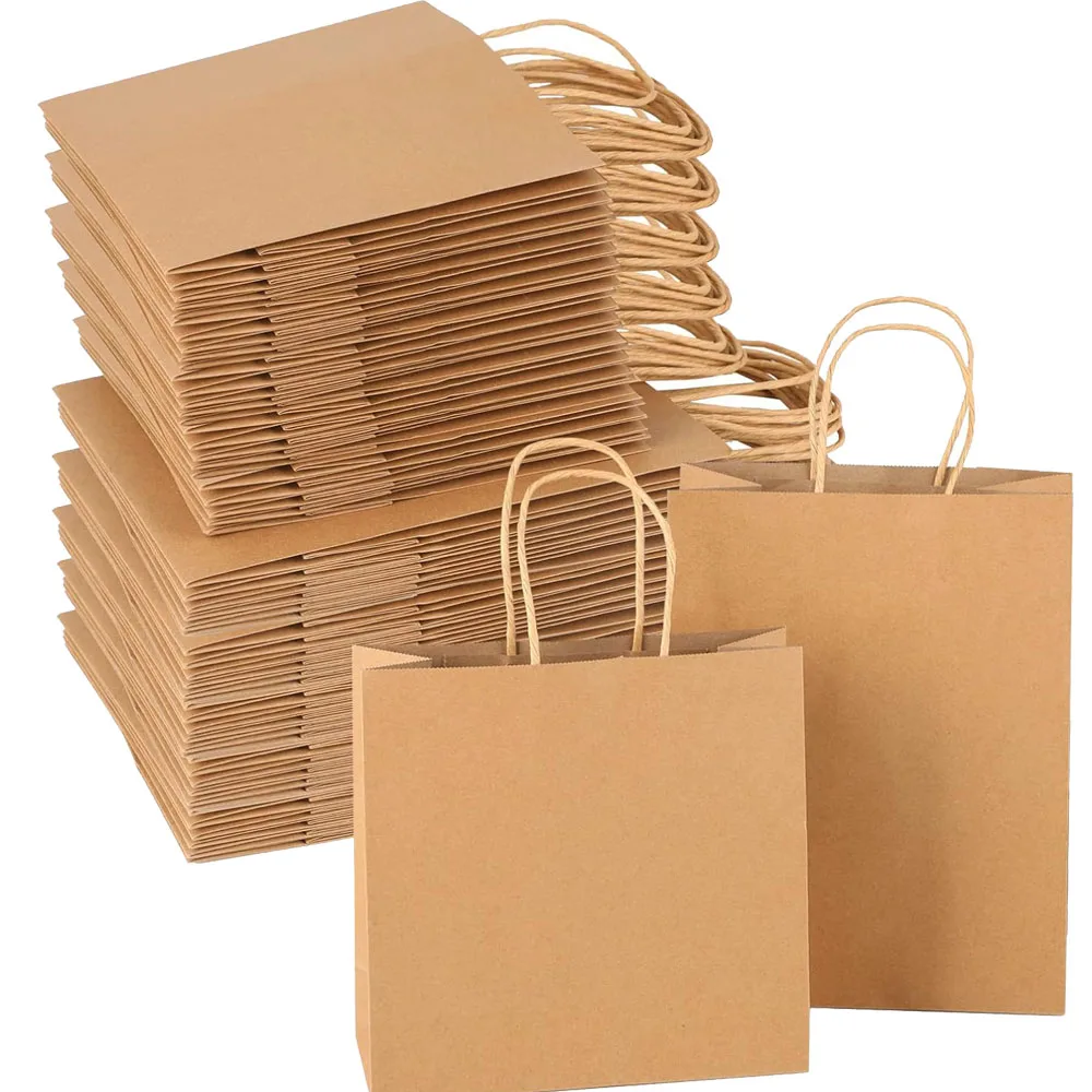 100PCS Brown Kraft Paper Gift Bags With Handle Wedding Birthday Party Favor Bags For Small Shopping Retail Merchandise Bags