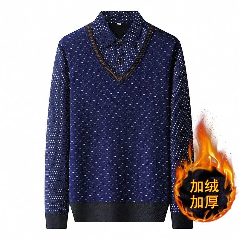 Autumn Winter Loose Casual Fake Two Pieces Patchwork Sweater Male Polo-neck Warm Add Velvet Bottoming Jumper Men Knitting Top
