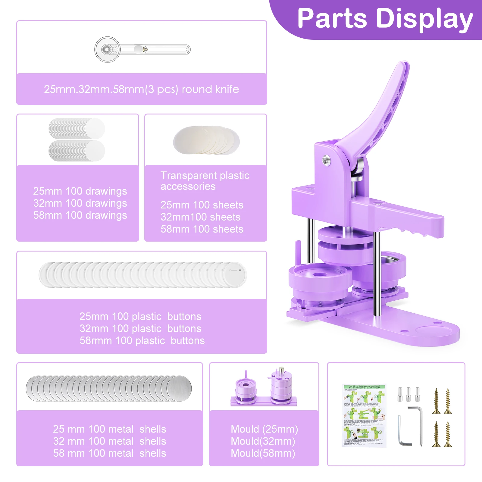 3 in 1 Button Badge Maker Machine 25/32/58mm mold DIY 300pcs Parts/Pic/Circle Cutter Kit