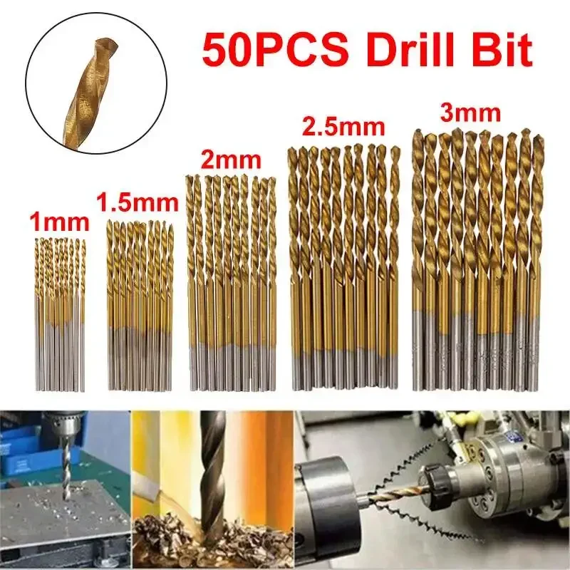 

50Pcs 1.0-3.0mm Titanium Coated Twist Drill Bit For Wood/Metal Hole Cutter High Quality HSS Drill Bits Hex Shank Gun Drill Bit