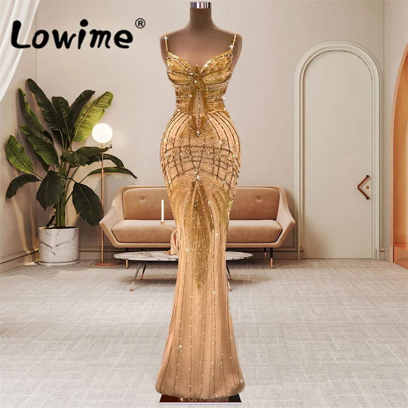 

Luxurious Gold Evening Dress Mermaid Floor Length Party Dresses Beading Crystals Heavy Handmade Celebrity Dress Women Prom Gowns