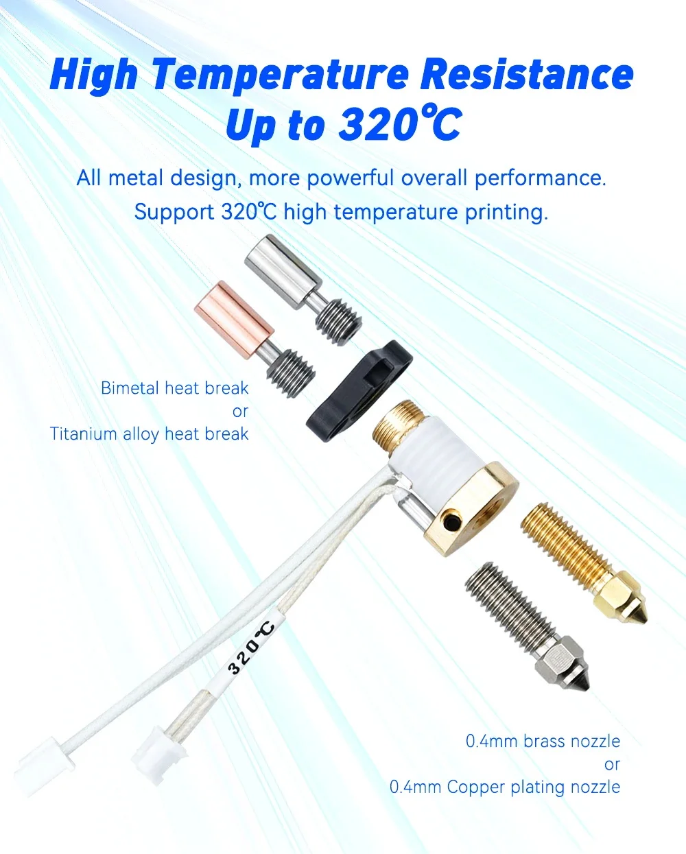 Bimetallic Throat Hotend Kit Ceramic Heating Block Kit 320° Thermistor Cartridge Heater 60W For K1 MAX / K1 3D Printer