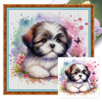 Kit de Broderie Complète en Fil de Coton, Motif Chien Imprimé, Point de Croix, Art, 40x40cm, 11CT 1