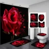 Red Rose Flowers Bathroom Curtains Black Fabric Shower Curtain Set Bath Mats Rugs Toilet Lid Cover Anti-skid Carpet Home Decor 1