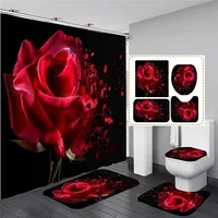 Red Rose Flowers Bathroom Curtains Black Fabric Shower Curtain Set Bath Mats Rugs Toilet Lid Cover Anti-skid Carpet Home Decor 1