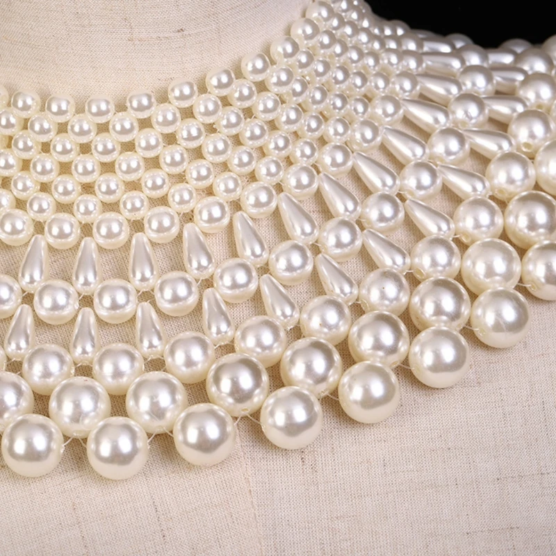 

Sweet Wedding Dress Statement Decorative Necklace Fanshaped Irregular Faux Pearl Beading Bib Choker Fake Collar Jewelry Layered