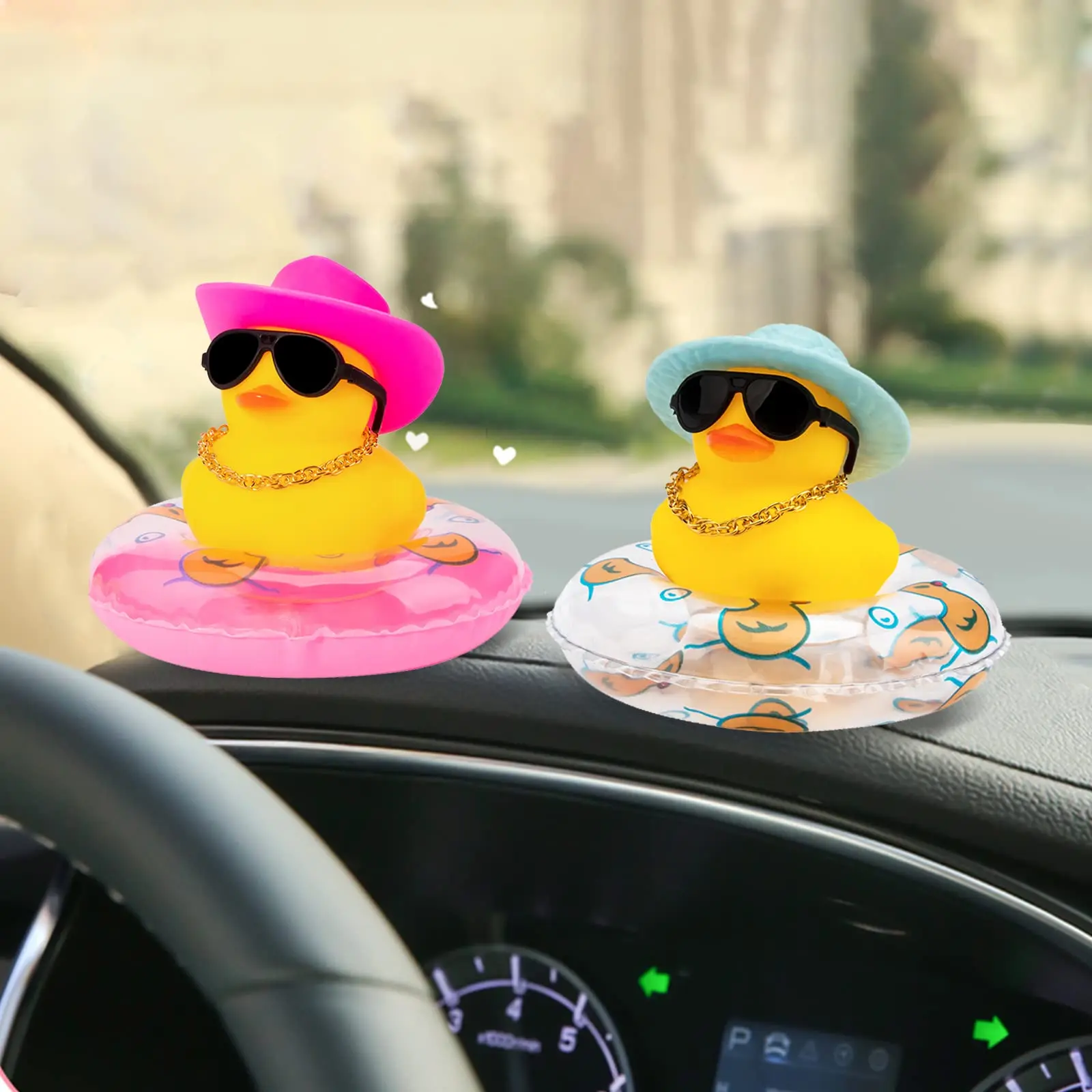 Rubber Car Duck Decoration Dashboard Car Ornament , Accessories with Mini Sun Hat Swim Ring Necklace and Sunglasses 5
