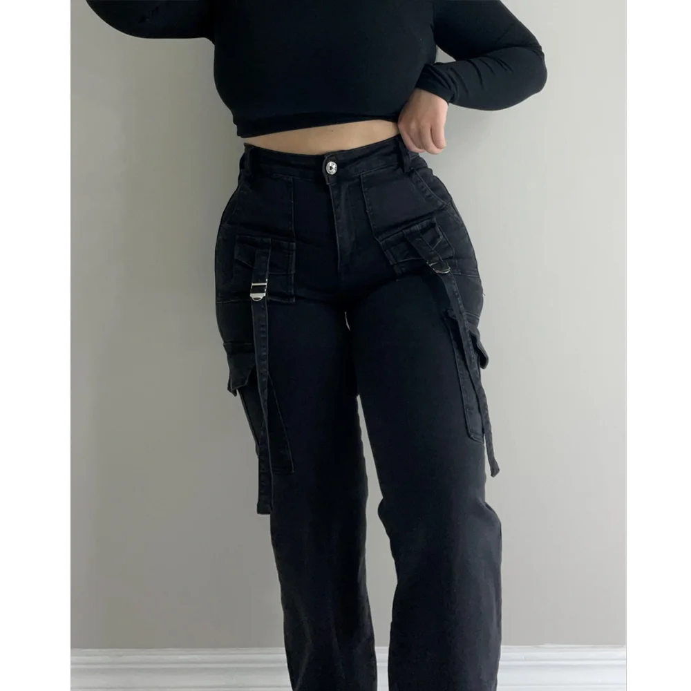 Women Straight Cargo Jeans Women's Streetwear Stretchy High Waisted Jeans Unique Multi-Pocket Female Trousers Pocket Design 5