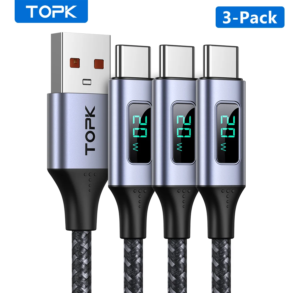 TOPK Voltage & Current Display USB Type C Cable for iPhone Charger Micro USB Cable Fast Charging Cable Type C for Xiaomi 13 pro